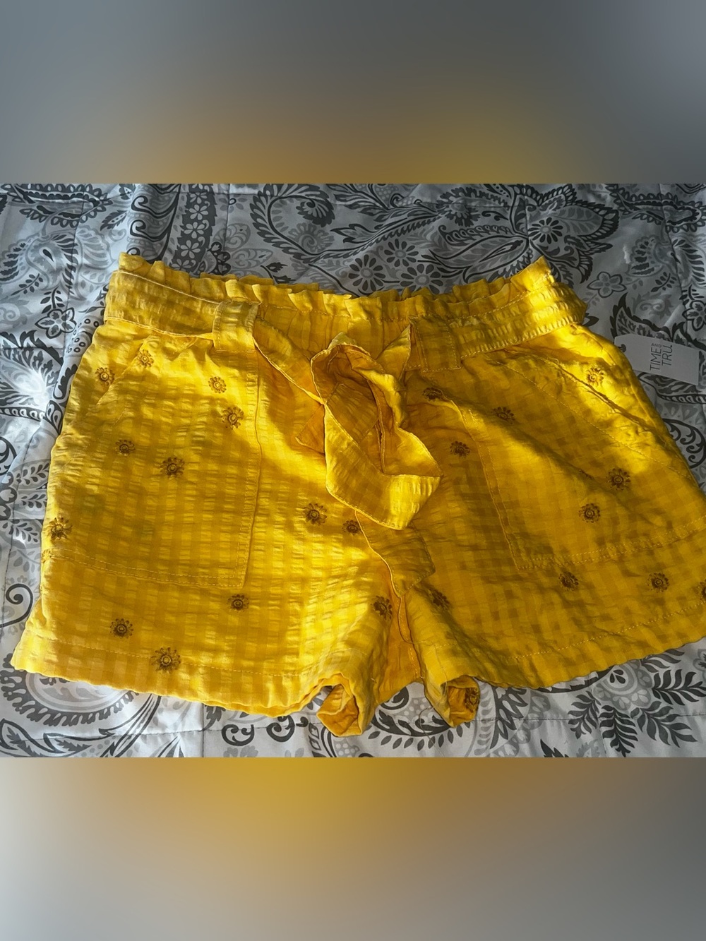 Yellow Women's Drawstring Embroidered Shorts